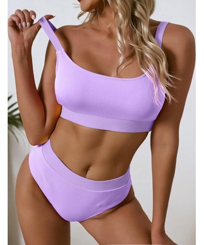 Women Sports High Waisted Swimsuits Two Piece Scoop Neck Crop Top Bikini Cheeky High Cut Ribbed Color Block Bathing Suit Purp...