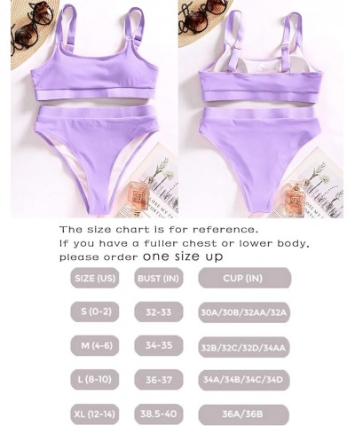 Women Sports High Waisted Swimsuits Two Piece Scoop Neck Crop Top Bikini Cheeky High Cut Ribbed Color Block Bathing Suit Purp...