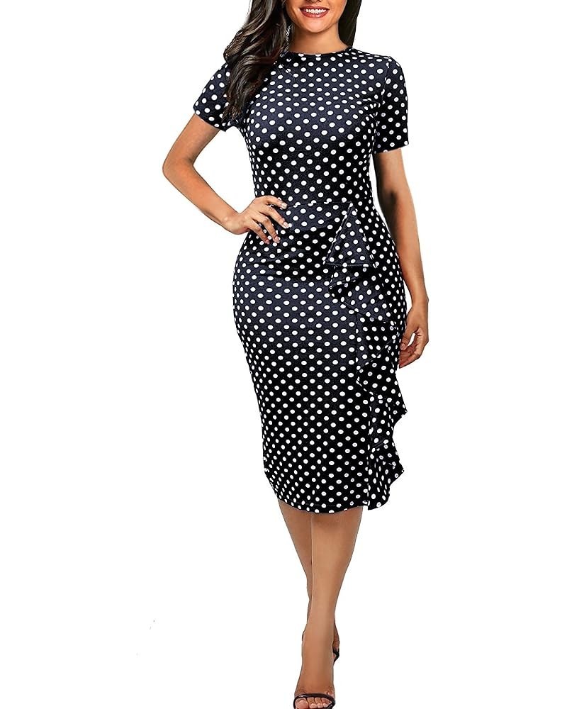 Women's Vintage Short Sleeve Polka Dot Falbala Fold Slim Fit Pencil Dress Navy Blue $18.24 Dresses