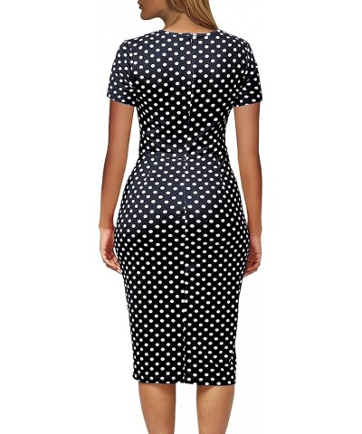 Women's Vintage Short Sleeve Polka Dot Falbala Fold Slim Fit Pencil Dress Navy Blue $18.24 Dresses