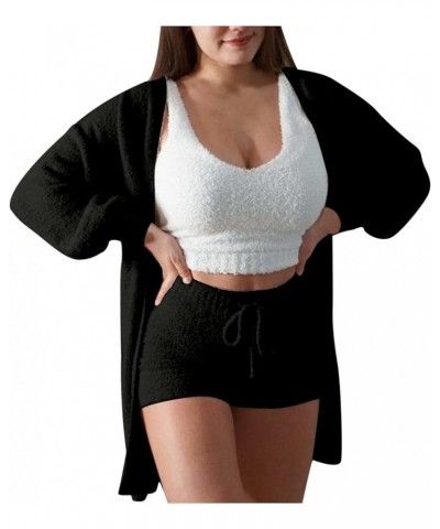 Fleece 3 Piece Fuzzy Lounge Set Cardigan Women Crop Pants Sets Sexy Pajama Set Soft Comfy Loungewear Set Shorts Shorts Black ...