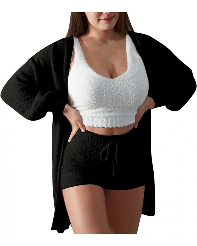 Fleece 3 Piece Fuzzy Lounge Set Cardigan Women Crop Pants Sets Sexy Pajama Set Soft Comfy Loungewear Set Shorts Shorts Black ...