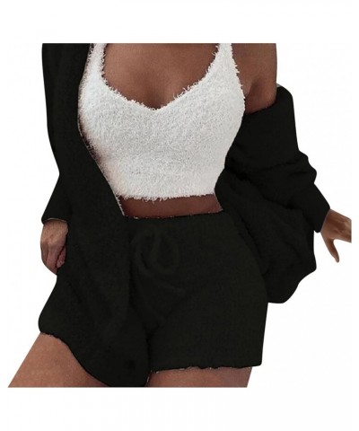 Fleece 3 Piece Fuzzy Lounge Set Cardigan Women Crop Pants Sets Sexy Pajama Set Soft Comfy Loungewear Set Shorts Shorts Black ...