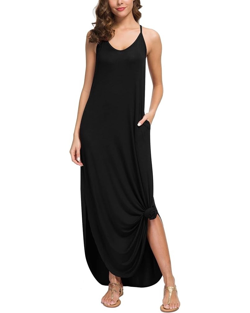 Summer Dresses for Women 2022 V Neck Long Cami Casual Beach Cover Up Maxi Dresses with Pocket 01 Black $10.19 Swimsuits