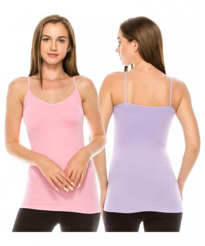 Women's V-Neck Camisole Tank - Basic Seamless Stretch Spaghetti Strap Pink/Lilac Set $9.00 Tanks