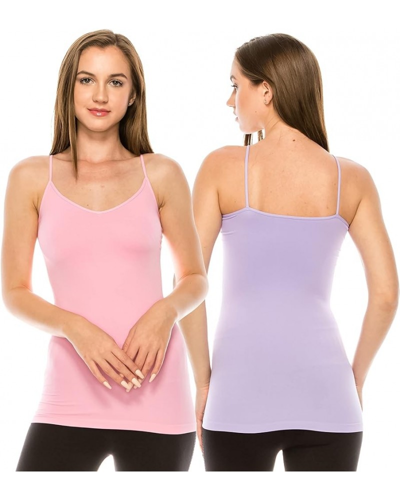 Women's V-Neck Camisole Tank - Basic Seamless Stretch Spaghetti Strap Pink/Lilac Set $9.00 Tanks