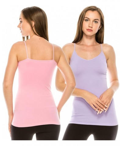 Women's V-Neck Camisole Tank - Basic Seamless Stretch Spaghetti Strap Pink/Lilac Set $9.00 Tanks