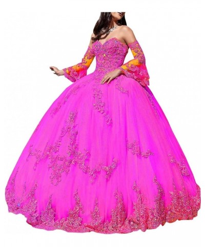 Ball Gown Quinceanera Dresses with Long Sleeves Tulle Lace Appliqued Prom Dress Sweetheart Formal Party Gowns for Women Fuchs...