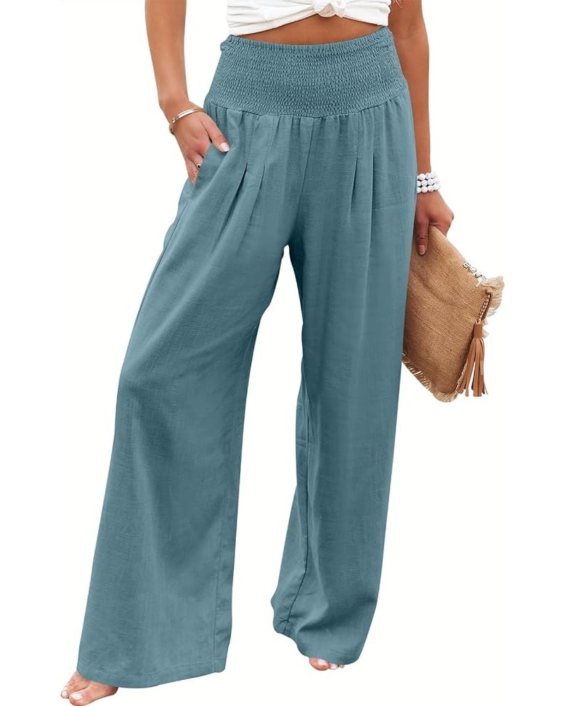 Women Linen Palazzo Pants Summer Boho Wide Leg High Waist Casual Lounge Pant Trousers with Pockets Lake $14.76 Pants