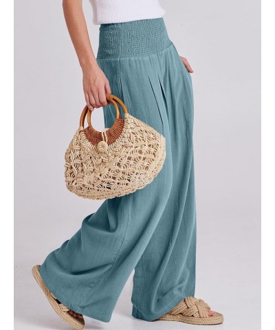 Women Linen Palazzo Pants Summer Boho Wide Leg High Waist Casual Lounge Pant Trousers with Pockets Lake $14.76 Pants