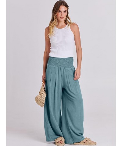 Women Linen Palazzo Pants Summer Boho Wide Leg High Waist Casual Lounge Pant Trousers with Pockets Lake $14.76 Pants