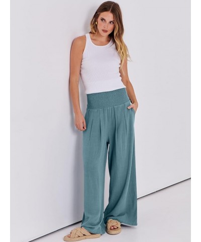 Women Linen Palazzo Pants Summer Boho Wide Leg High Waist Casual Lounge Pant Trousers with Pockets Lake $14.76 Pants