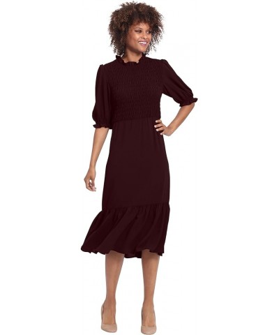 Women's Smocked Bodice Ruffle Neck Puff Sleeve Midi Event Career Feminine Flattering Potent Rurple $14.63 Dresses