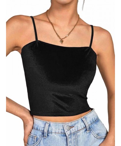 Women's Velvet Spaghetti Strap Sleeveless Cami Tank Crop Top Solid Black $13.02 Tanks