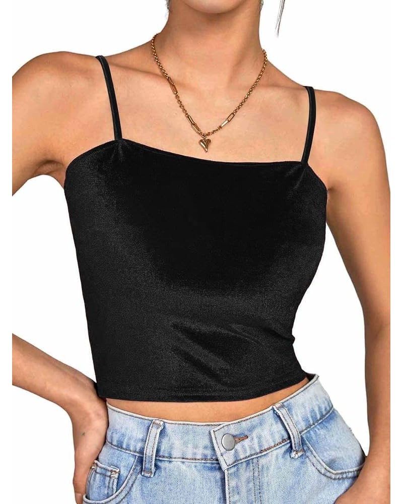 Women's Velvet Spaghetti Strap Sleeveless Cami Tank Crop Top Solid Black $13.02 Tanks