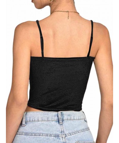 Women's Velvet Spaghetti Strap Sleeveless Cami Tank Crop Top Solid Black $13.02 Tanks