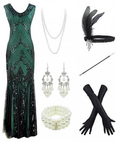 1920s Long Prom Dresses V Neck Beaded Sequin Maxi Dress with accessories set Style06 Black&green $31.00 Dresses