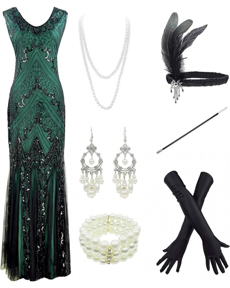 1920s Long Prom Dresses V Neck Beaded Sequin Maxi Dress with accessories set Style06 Black&green $31.00 Dresses