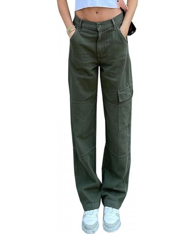 Women's High Waist Baggy Jeans Flap Pocket Relaxed Fit Straight Wide Leg Y2K Fashion Cargo Jeans Green $21.44 Jeans