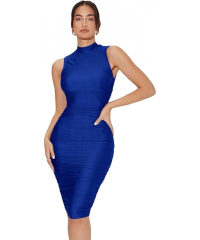 Women's Solid Sleeveless Mock Neck Knee Length Ruched Bodycon Dress Blue Solid $15.58 Dresses