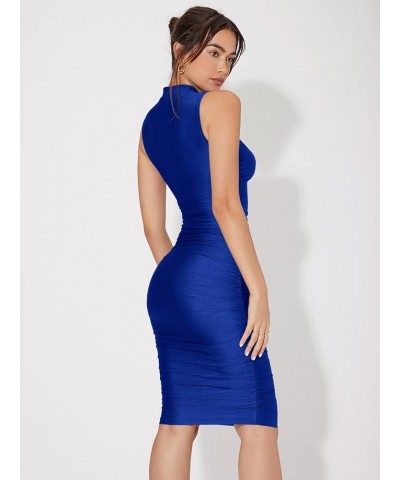 Women's Solid Sleeveless Mock Neck Knee Length Ruched Bodycon Dress Blue Solid $15.58 Dresses