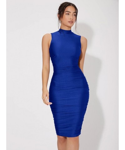 Women's Solid Sleeveless Mock Neck Knee Length Ruched Bodycon Dress Blue Solid $15.58 Dresses