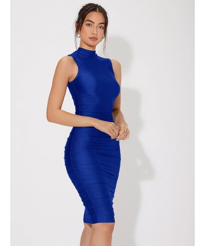 Women's Solid Sleeveless Mock Neck Knee Length Ruched Bodycon Dress Blue Solid $15.58 Dresses