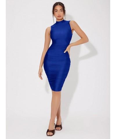 Women's Solid Sleeveless Mock Neck Knee Length Ruched Bodycon Dress Blue Solid $15.58 Dresses