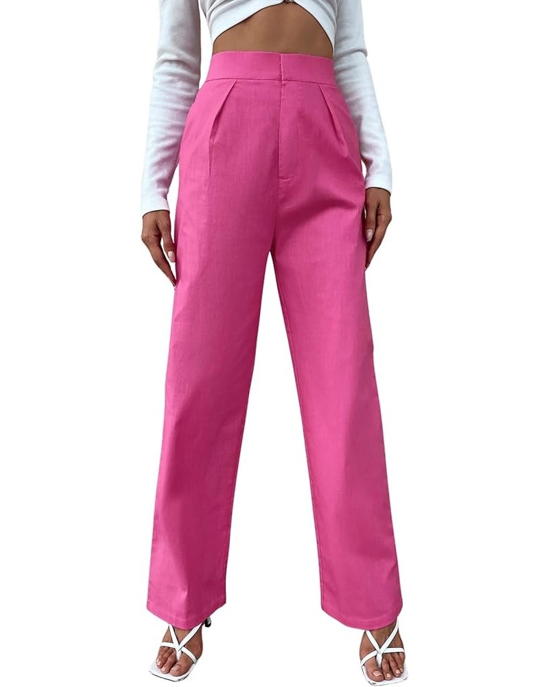 Women's High Waist Zip Up Pleated Pants Straight Leg Long Trousers Pants with Pocket Hot Pink $12.00 Pants