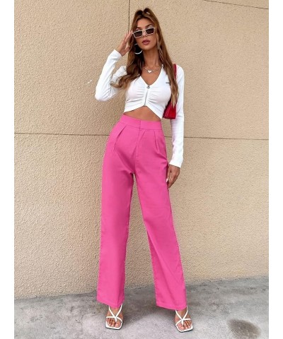 Women's High Waist Zip Up Pleated Pants Straight Leg Long Trousers Pants with Pocket Hot Pink $12.00 Pants