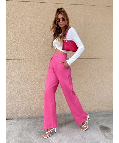 Women's High Waist Zip Up Pleated Pants Straight Leg Long Trousers Pants with Pocket Hot Pink $12.00 Pants