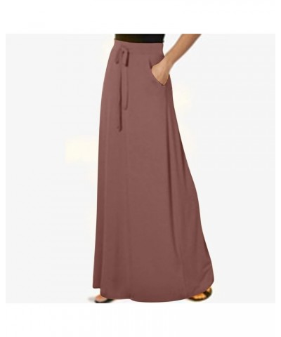 Plus Size Skirts for Women Casual Elastic High Waist A Line Maxi Skirt with Pocket Drawstring Loose Ankle Length Skirt Coffee...