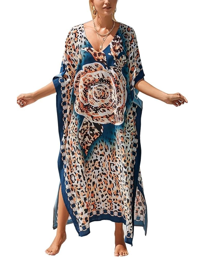 Women's Bohemian Kaftan Maxi Loungewear Oversized Nightgown Homewear Beach Cover Up Dress A Dark Blue Brown $17.09 Swimsuits