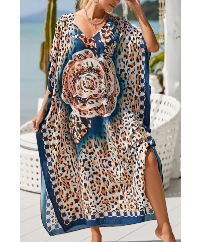 Women's Bohemian Kaftan Maxi Loungewear Oversized Nightgown Homewear Beach Cover Up Dress A Dark Blue Brown $17.09 Swimsuits