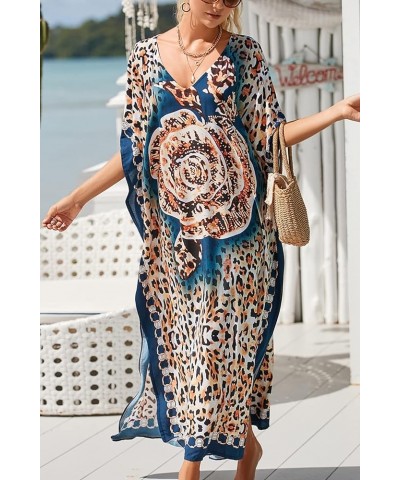 Women's Bohemian Kaftan Maxi Loungewear Oversized Nightgown Homewear Beach Cover Up Dress A Dark Blue Brown $17.09 Swimsuits