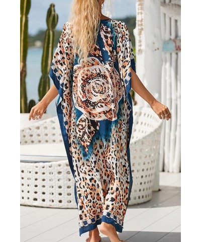 Women's Bohemian Kaftan Maxi Loungewear Oversized Nightgown Homewear Beach Cover Up Dress A Dark Blue Brown $17.09 Swimsuits