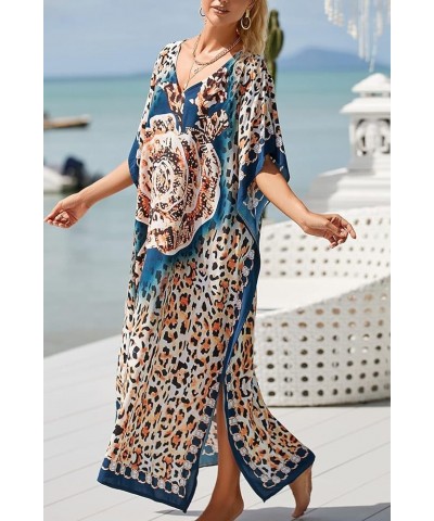 Women's Bohemian Kaftan Maxi Loungewear Oversized Nightgown Homewear Beach Cover Up Dress A Dark Blue Brown $17.09 Swimsuits