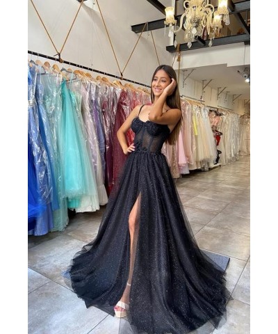 Glitter Tulle Prom Dresses 2023 Long Spaghetti Straps Lace Appliques Sweetheart Flowers Evening Party Gowns with Slit Dusty P...