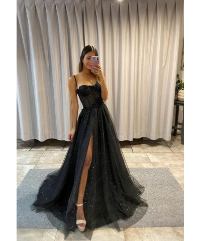 Glitter Tulle Prom Dresses 2023 Long Spaghetti Straps Lace Appliques Sweetheart Flowers Evening Party Gowns with Slit Dusty P...