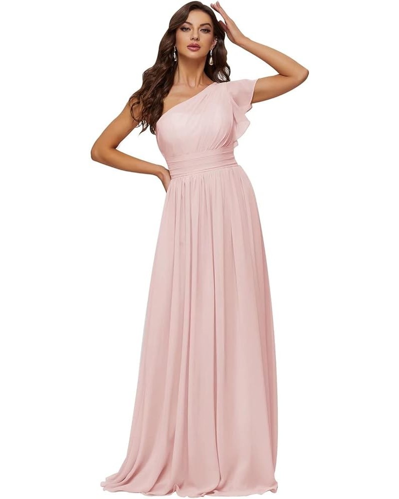 Women's Long Chiffon Bridesmaid Dresses One Shoulder Formal Evening Party Gowns Pink $34.19 Dresses