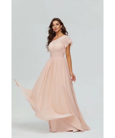 Women's Long Chiffon Bridesmaid Dresses One Shoulder Formal Evening Party Gowns Pink $34.19 Dresses