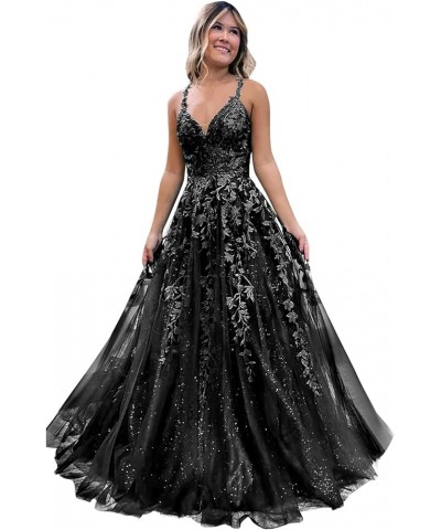 Sparkly Tulle Prom Dresses 2024 Lace Appliques Long Ball Gown V Neck Corset Spaghetti Straps Formal Evening Dress Black $34.0...