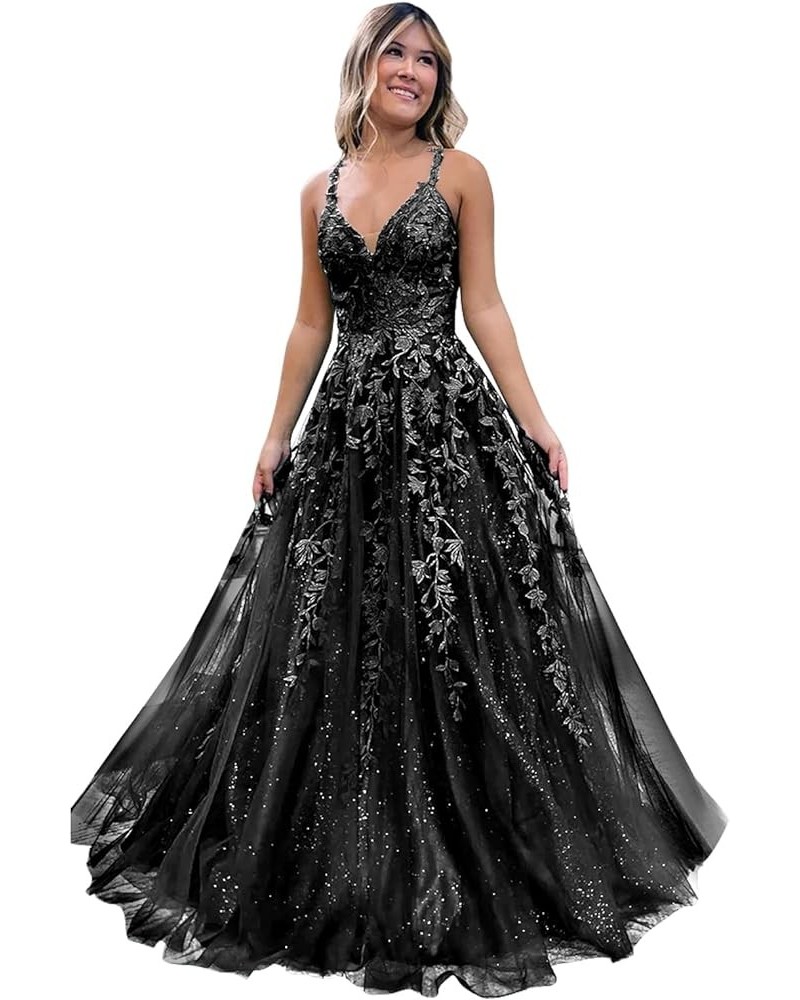 Sparkly Tulle Prom Dresses 2024 Lace Appliques Long Ball Gown V Neck Corset Spaghetti Straps Formal Evening Dress Black $34.0...