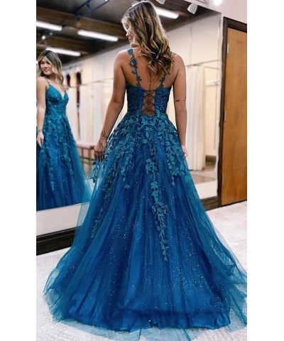 Sparkly Tulle Prom Dresses 2024 Lace Appliques Long Ball Gown V Neck Corset Spaghetti Straps Formal Evening Dress Black $34.0...