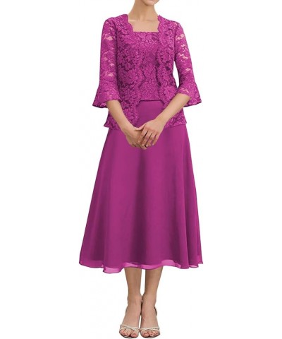 Tea Length Mother of The Bride Dresses Lace Evening Formal Dress Pagoda Sleeve Wedding Guest Groom Dress with Jacket Fuchsia ...