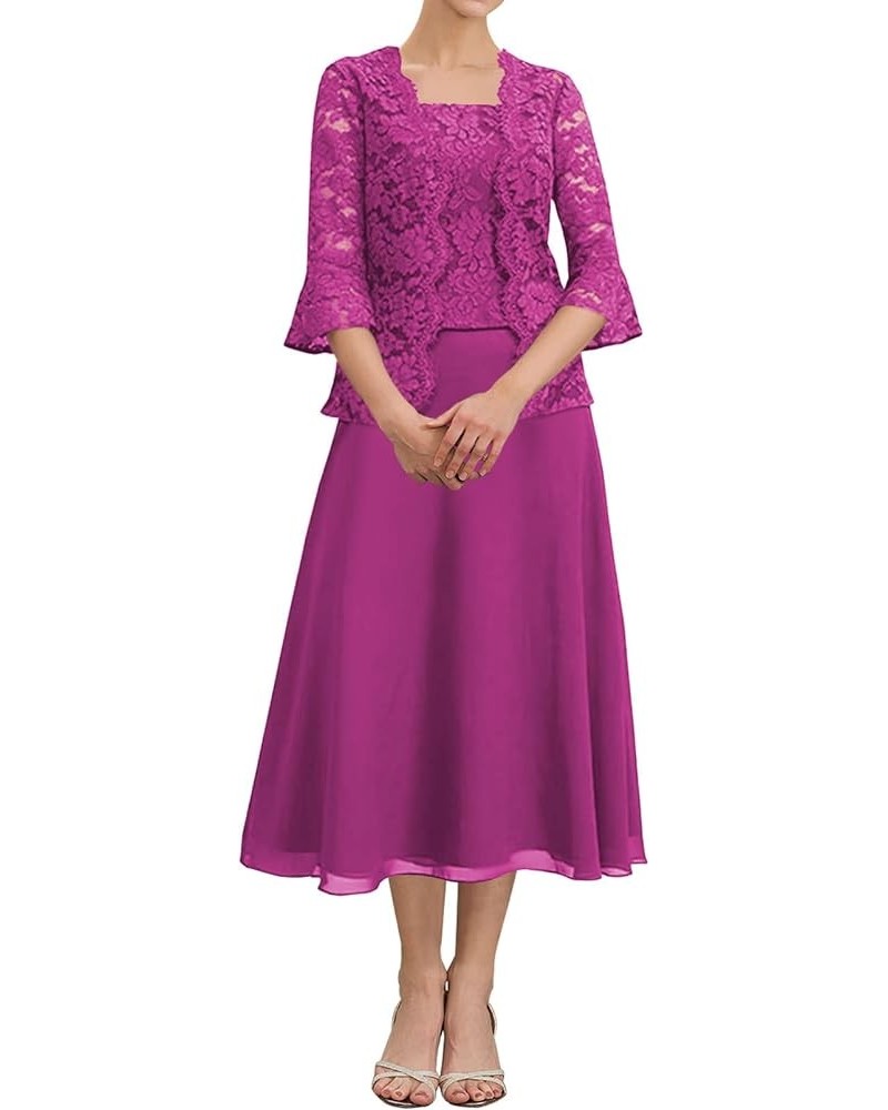 Tea Length Mother of The Bride Dresses Lace Evening Formal Dress Pagoda Sleeve Wedding Guest Groom Dress with Jacket Fuchsia ...