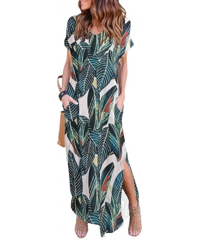 Women's V Neck Casual Loose Long Dress Short Sleeve Split Maxi Summer Beach Dress with Pockets Green Leaf $17.86 Dresses