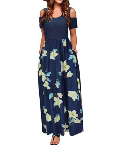 Dress for Women,Women's Summer Cold Shoulder Floral Sundress Casual Long Maxi Dress with Pocket Y2-navy $6.90 Dresses