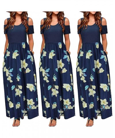 Dress for Women,Women's Summer Cold Shoulder Floral Sundress Casual Long Maxi Dress with Pocket Y2-navy $6.90 Dresses