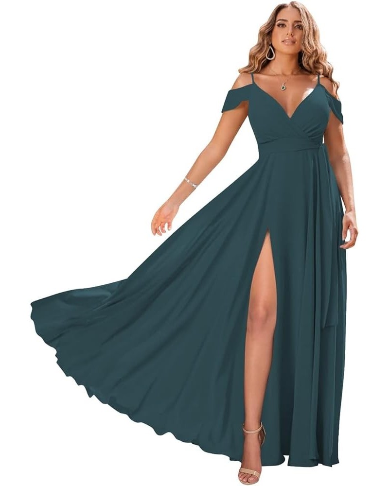 Women's Off Shoulder Long Bridesmaid Dresses Chiffon V Neck Formal Dress with Slit Wedding Party Gowns Teal $22.00 Dresses